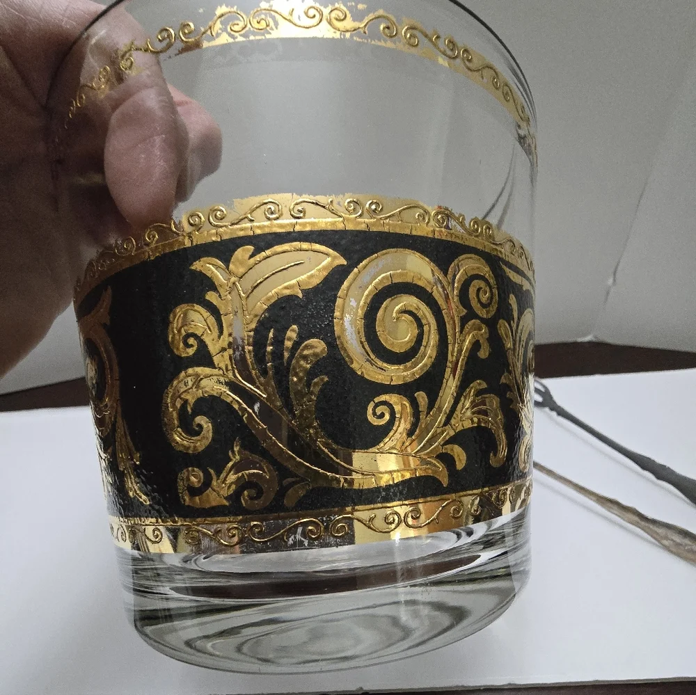 MCM Vintage Culver Ebony Gold Baroque Glass Ice Bucket W/Tongs 4 7/8